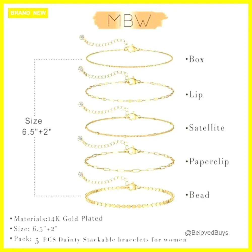 14K Gold Plated Dainty Chain Bracelet Set Adjustable Fit